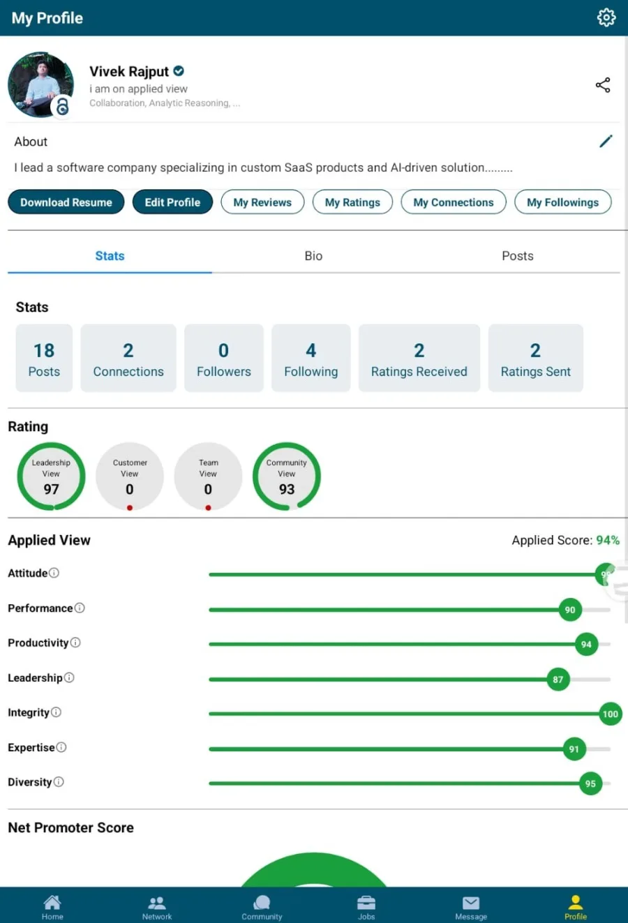 Applied View profile on iPad with peer ratings across skills