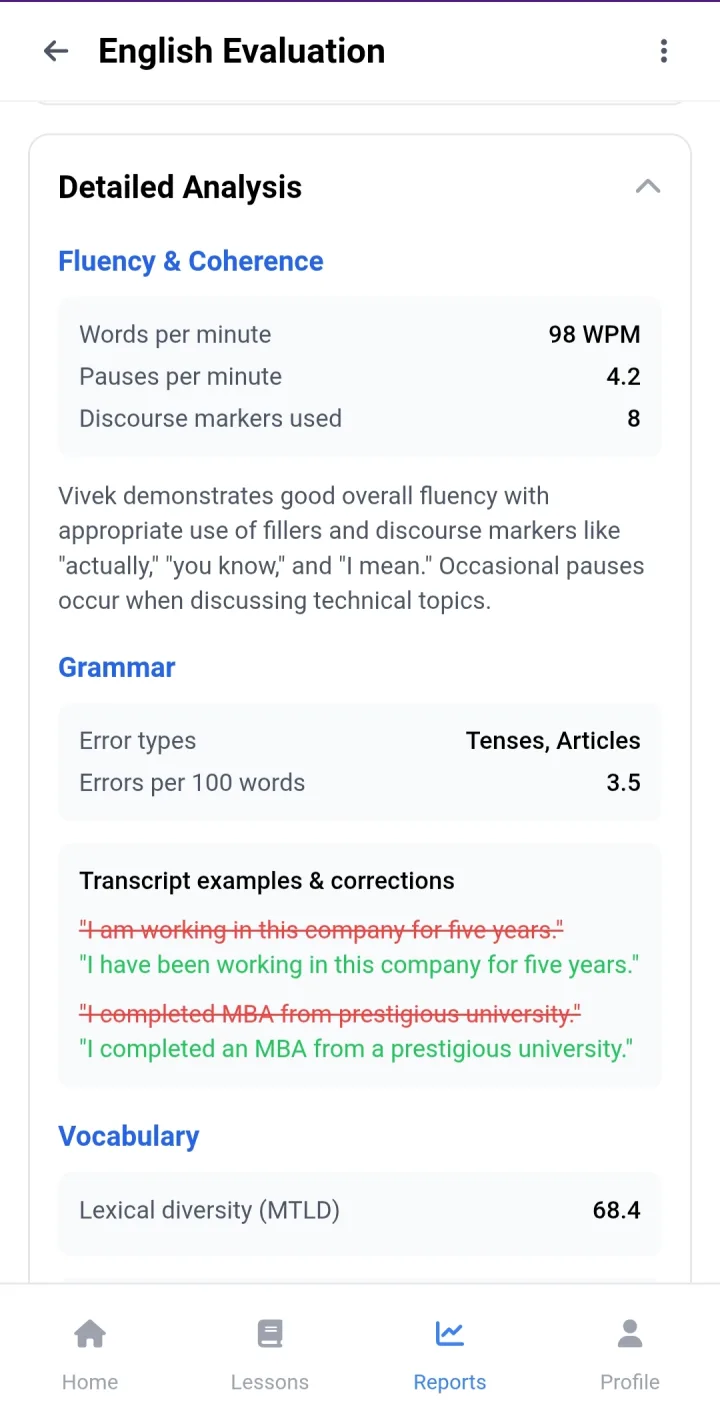 TalkDrill English evaluation report with fluency, grammar and vocabulary scores